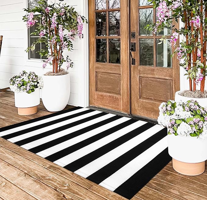 3'x5'Outdoor Rug,Black and White Striped Washable Front Porch Rug Farmhouse Cotton Woven Entry Rug Indoor Outdoor Area Rug for Porch/Home Entrace Decor/Bedroom/Layered Door Mats