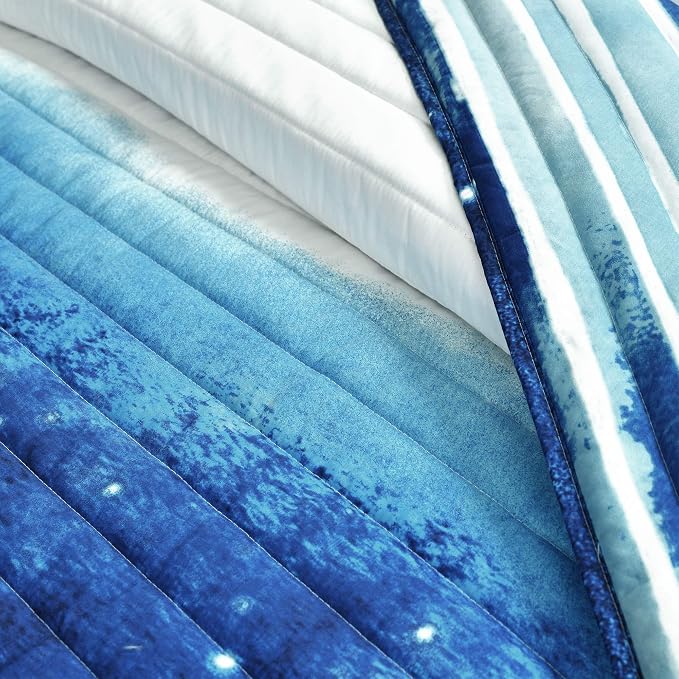 Lush Decor Space Star Ombre Quilt 3 Piece Set, Full/ Queen, Navy & White - Toddler Galaxy Reversible Watercolor Stripe Print for Kids Room