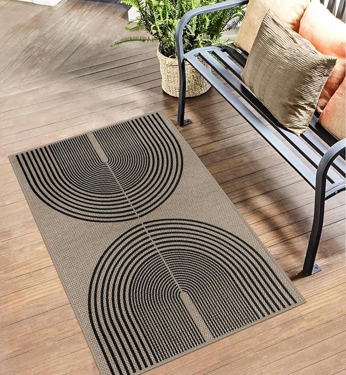 Rugalia Easy Jute Rainbow Indoor Outdoor Doormat, 2.6x4 Black Nature Boho Entryway Rug Washable Non-Slip Modern Kitchen Rug, Farmhouse Neutral Abstract Throw Rugs for Entrance Patio Porch