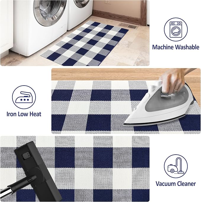Buffalo Plaid Outdoor Rug 2x3 Cotton Woven Navy and White Checkered Doormat Washable Front Porch Mat Fall Layered Carpet for Indoor Outdoor Entryway Farmhouse Decor Area Rug