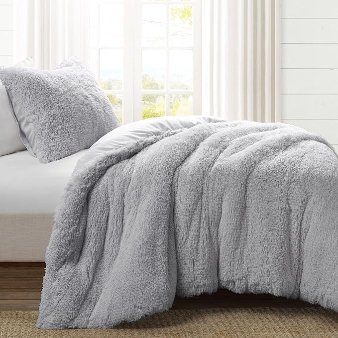 Lush Decor Emma Soft Fluffy Faux Fur Kids College Dorm Oversized Comforter Set, Twin-XL, Light Gray - Warm Plush 2 Piece Bedding Set