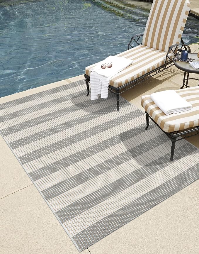 LEEVAN 3x5 Outdoor Rug for Porch, Washable Striped Welcome Front Porch Mat | Outside Entryway Patio Rug, Woven Doormat Grey and White Buffalo Backyard Layered Mat for Entrance/Balcony/Apartment