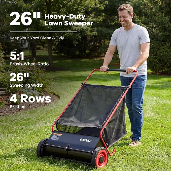 Push Lawn Sweeper, 26 in Leaf & Grass Collector with 7 cu. ft. Hopper Bag, Heavy Duty Yard Sweeper with Clear Dust Cover & Large Collection Bag for Lawn Yard Cleanup