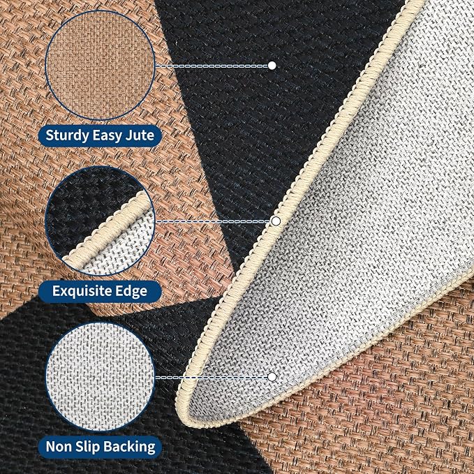 GarveeHome Checkered Easy Jute Runner Rug 2x6 Non-Slip Machine Washable Stain Resistant Indoor Outdoor Rugs for Living Room, Bedroom, Kitchen, Dining, Patio - Farmhouse Style Black Tan