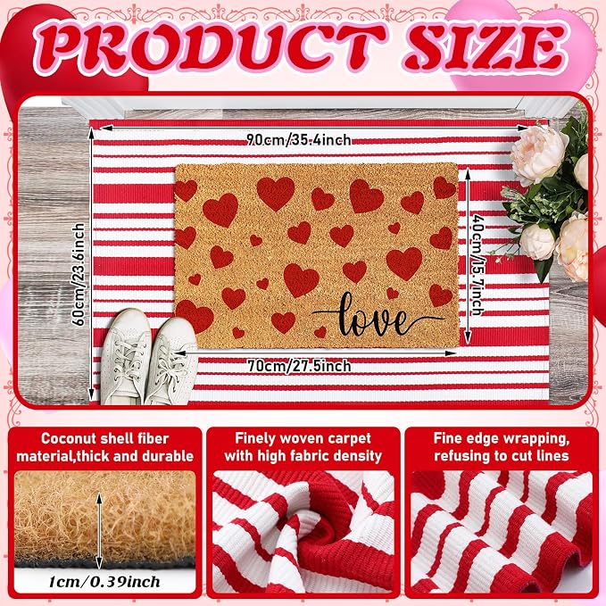 Moucuny 2 Pcs Valentine's Day Coir Welcome Doormat Outdoor Valentine's Day Love Heart Rug Layered Red and White Stripe Mat Red Heart Mat for Front Porch Outdoor Entryway