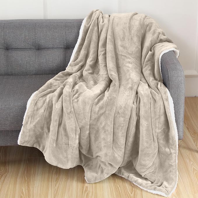 Elegant Comfort Luxury Ultra-Plush Velvet Touch Fleece Throw Soft, Warm, Cozy| Micromink Sherpa-Backing Reversible Blanket for Bed, Sofa and Couch, Solid Cream