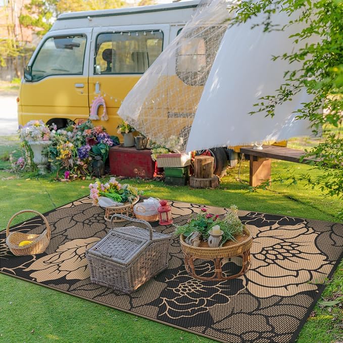 GENIMO Outdoor Rug, Waterproof Plastic Rugs for Patio, 9'x12' Raven Brown | Outside Larger Leaf Carpet Mat for Porch Decor, Deck, Balcony, Camping, RV, Backyard, Picnic, Beach, Reversible, Foldable