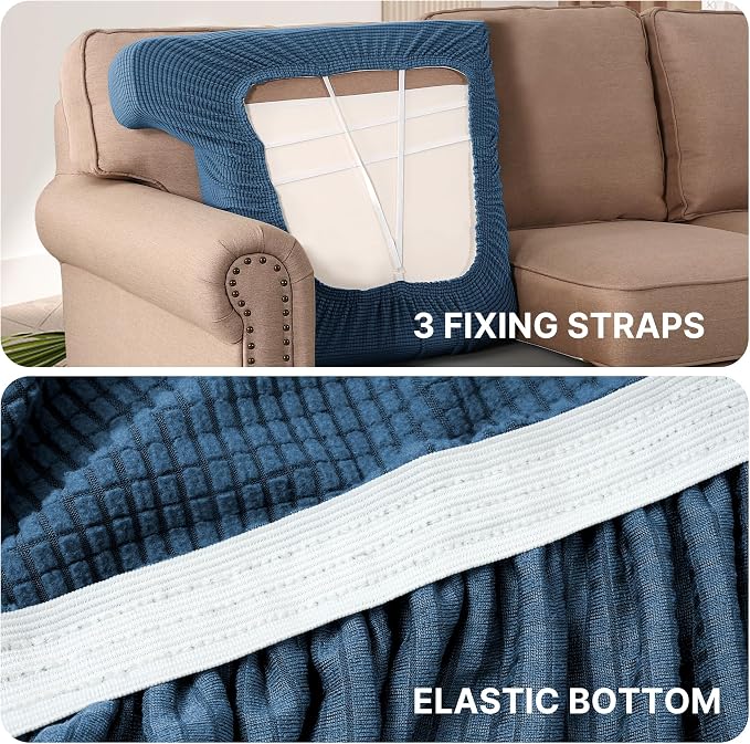 H.VERSAILTEX Stretch 3 Piece T Cushion Sofa Slipcovers Individually Sofa Cushion Covers for 3 Cushion Couch Sofa Seat Cushion Covers with Elastic Bands Featuring Thicker Jacquard Fabric, Dusty Blue