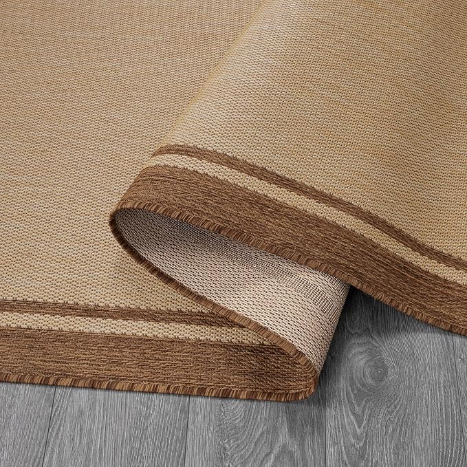CAMILSON Outdoor Rug 5x7 Bordered Natural Brown Modern Area Rugs for Indoor and Outdoor Patios, Kitchen and Hallway Mats, Washable Porch Deck Outside Carpet (Border Jute, 5 x 7)