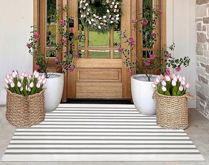 3'x5'Outdoor Rug,Striped Cotton Woven Washable Front Porch Rug Farmhouse Entry Rug Indoor Outdoor Area Rug for Porch/Home Entrace Decor/Bedroom/Layered Door Mats