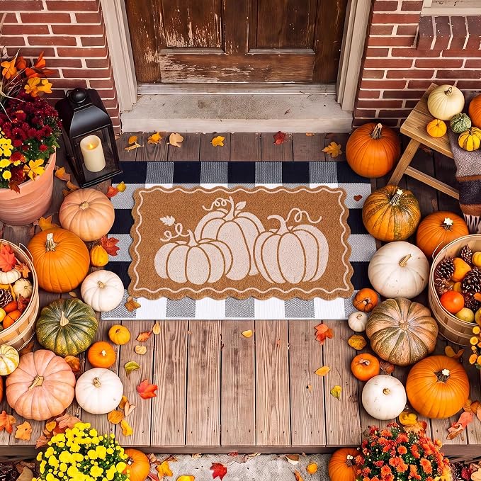 Moucuny 2 Pcs Fall Coir Doormat Outdoor, Wavy Edge Pumpkin Welcome Mat, Black and White Plaid Outdoor Rug Non Slip Floor Door Mat for Entrance Front Porch Decor, 24'' x 35'', 16'' x 28''