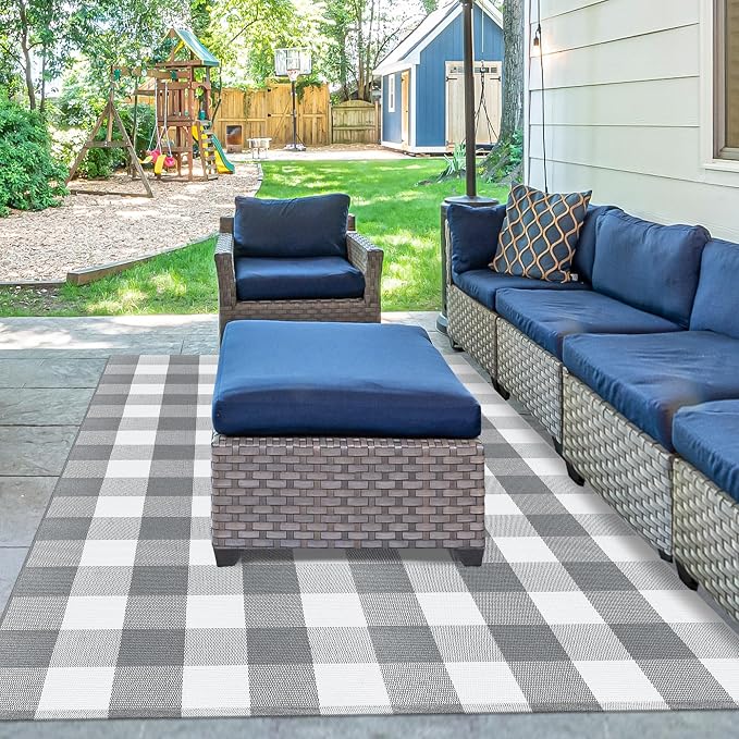 Buffalo Plaid Outdoor Patio Rug 4x6 Feet Buffalo Check Rug Cotton Woven Grey and White Checkered Outdoor Indoor Rug Washable Carpet for Living Room Dining Room Bedroom Farmhouse