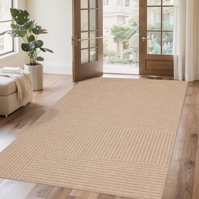 Easy Jute Rug for Pet Homes: 4x6 Outdoor Rug - Beige Stripes | Washable Design Cuts Your Cleaning Time by 75% and Maintain Shape and Texture after 50 Machine Wash Cycles