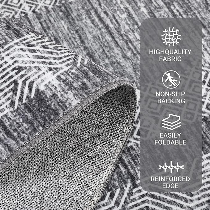 GarveeHome Modern Geometric Area Rug 4x6 Distressed Bordered Washable Non Slip Floor Carpet Non Shedding Thin Soft Low Pile Contemporary Gray Rug for Dining Room, Living Room