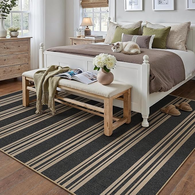 PureCozy Striped Easy Jute Rug 9x12 Black Living Room Carpet Washable Non Slip Bedroom Rug Farmhouse Neutral Non Shedding Indoor Outdoor Large Carpet for Dining Room Under Table Office