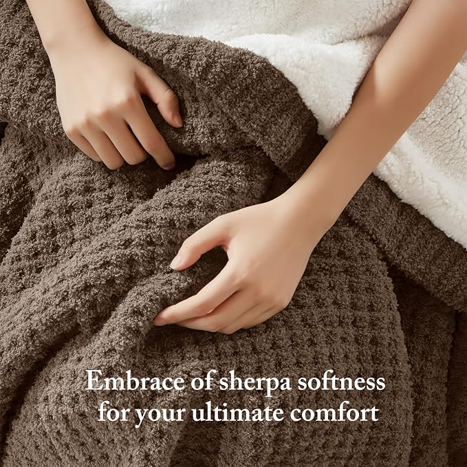 Madison Park Rowan Sherpa Throw Blanket Waffle Weave, 50 x 60, Brown | Cozy Warmth for Sofa or Bed, Reversible, Lightweight, Farmhouse, OEKO-TEX Certified