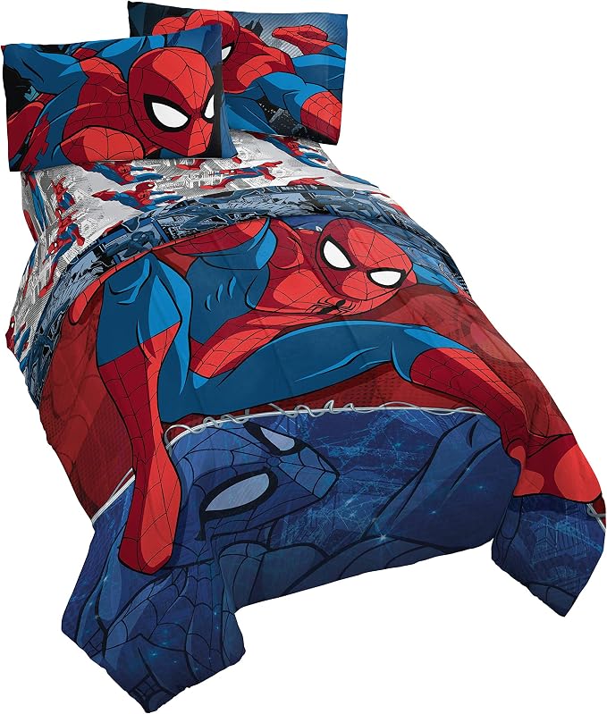 Marvel Spiderman Full Size Comforter Set 5 Piece Kids Bedding, Multi | Bed in a Bag, Comforter Sheets Pillowcases, Official Product, Soft Microfiber, Machine Washable, Easy Care, Boys Gift