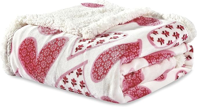 Elegant Comfort Luxury Ultra-Plush Velvet Touch Sherpa Fleece Throw Blanket - Soft, Warm, Cozy - Scarlett - Heart Pattern - 50" x 60" - Valentine's Day, Travel, Home Decor