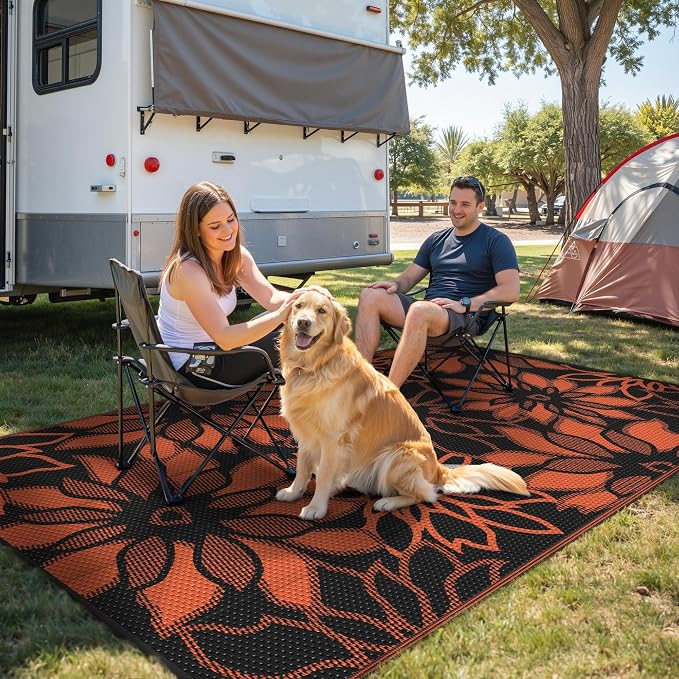 GENIMO Outdoor Rug Waterproof for Patio Decor, 6' x 9' Reversible Plastic Straw Floral Camping Carpet, Large Area Rugs Mats for RV, Camper, Deck, Balcony, Porch, Beach, Picnic, Black & Orange