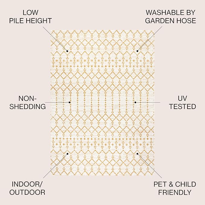 JONATHAN Y Moroccan Geometric Indoor Outdoor Square Area Rug 5X5 Cream/Yellow, Ourika Textured Weave for Backyard, Patio, Porch, Easy-Cleaning, High Traffic, Pet-Friendly, Non-Shedding (SMB108J-5SQ)