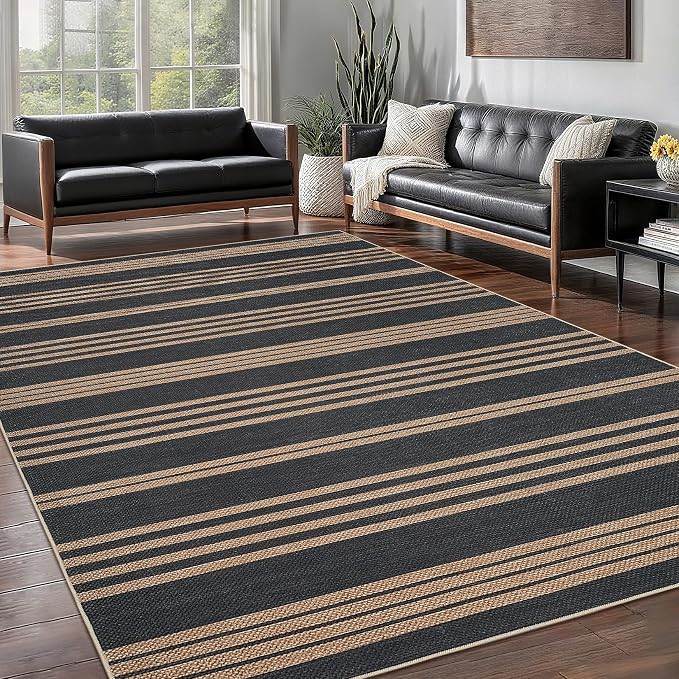COZYLOOM 4x6 Bedroom Rug Machine Washable Area Rugs for Living Room Non Slip Non Shedding Modern Striped Easy Jute Rug Stain Resistant Geometric Carpet for Nursery RV Patio, Black/Coffee