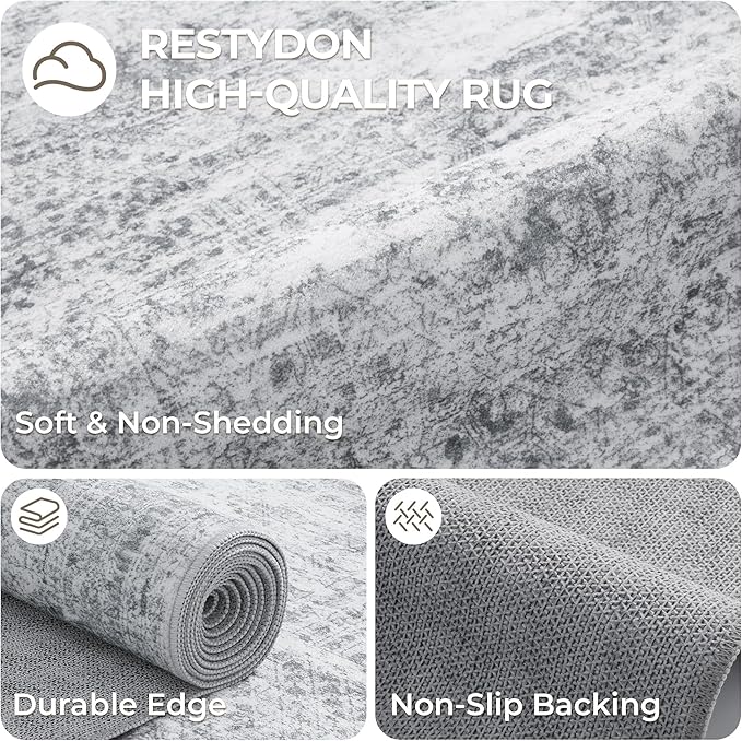 3x4 Washable Area Rug for Entryway, Soft Kitchen Rugs Non Slip for Dining Room, Vintage Abstract Living Room Rug, Thin Area Rugs Indoor for Bedroom, Kids Room Decor(3'x4', Grey/Ivory)
