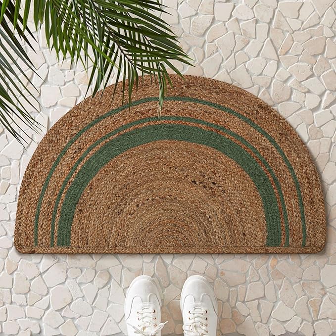 Boho Braided 1.5x3 Area Rug - Jute Natural Fiber Half Round Rug for Living Room Entryway, Farmhouse, Home, Indoor Rugs Jute Door mat for Bathroom, Kitchen (Green Natural, 1.5 X 3 ft)