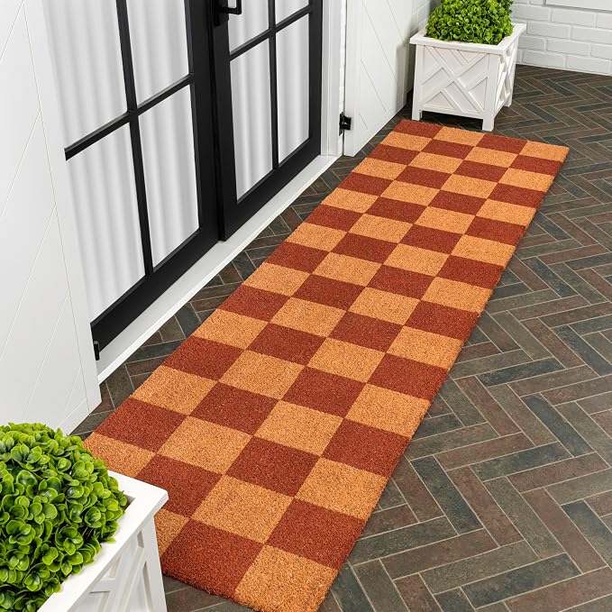 JONATHAN Y Natural Coir Indoor/Outdoor Runner Rug 2X8 Natural/Red Checker, Peater Classic Casual Commerical Doormat Ideal for Door Entrance, Patio, Porch, Backyard, Garages NRF110A-28