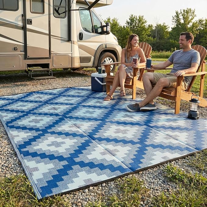 FH Home Outdoor Camping Rug - Waterproof, Fade Resistant, Reversible - Premium Recycled Plastic - Geometric - Large Patio, Deck, Sunroom, RV - Aztec Kilim - Blue Multi - 9 x 12 ft Foldable