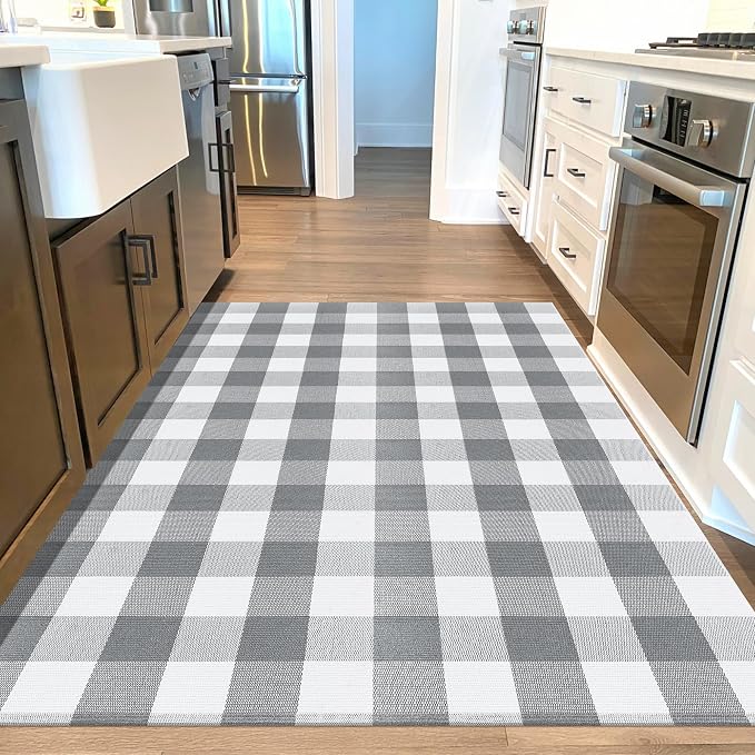Buffalo Plaid Outdoor Patio Rug 4x6 Feet Buffalo Check Rug Cotton Woven Grey and White Checkered Outdoor Indoor Rug Washable Carpet for Living Room Dining Room Bedroom Farmhouse
