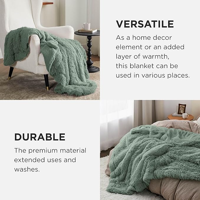 Bedsure GentleSoft Fluffy Sage Green Throw Blanket, Sage Green Decor for Room, Soft Cozy Fuzzy Plush Minky Thick Warm Sherpa Fleece Faux Fur Throw Blanket for Couch, Decorative Spring Gifts, 50x60