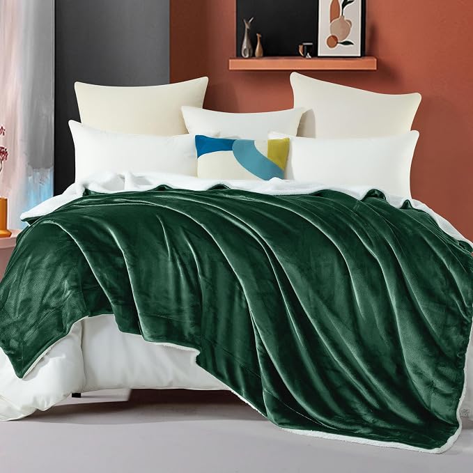 Elegant Comfort Ultra Soft Reversible Flannel Sherpa Blanket - Cozy Silky Fleece Throw for Couch, Bed - Plush Fuzzy Warm Winter Blanket for Gift, Twin XL, Hunter Green