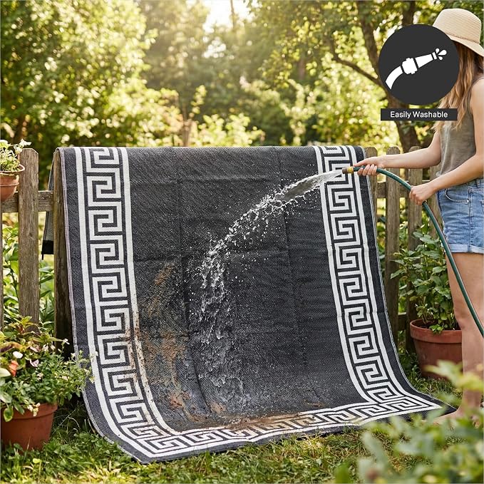 FH Home Outdoor Camping Rug - Waterproof, Fade Resistant, Reversible - Premium Recycled Plastic - Greek Border - Large Patio, Deck, Sunroom, RV - Athens - Black & White - 9 x 12 ft Foldable