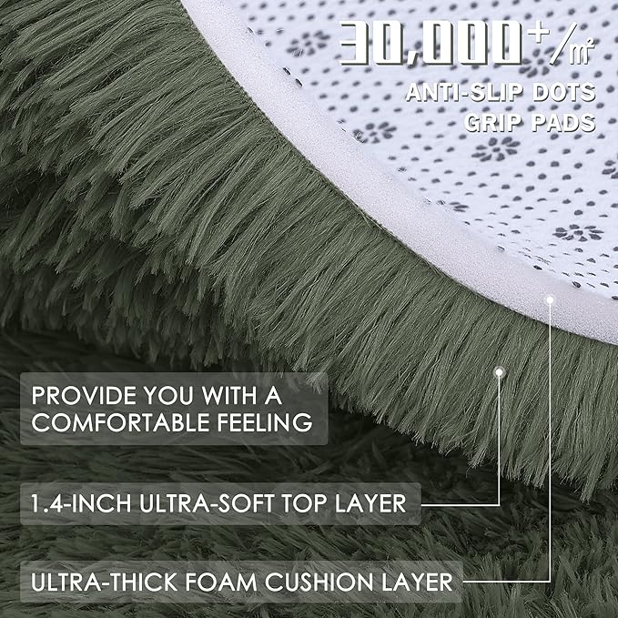 OLANLY Olive Green Round Rugs for Bedroom - Machine Washable, 4 ft Circle Area Rugs for Living Room, Soft and Fluffy Shaggy Carpet for Teen Girl and Boys, Nursery Rooms, Dorms, Home Decor Aesthetic