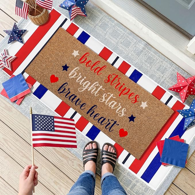 Moucuny 2 Pcs Patriotic Doormat Outdoor Decor 4th of July Coir Doormat Red Blue White Striped Welcome Rug Non-Slip Independence Day Memorial Day 250th Anniversary Mat Front Porch Entrance Decor