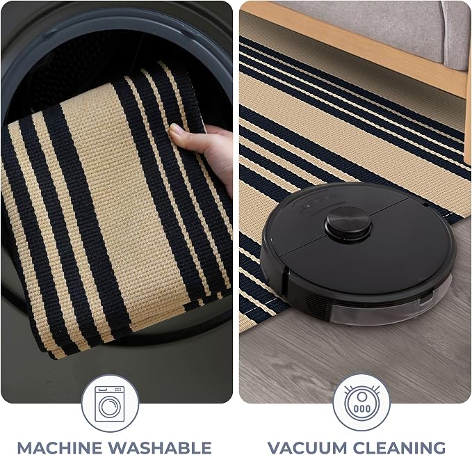 KOZYFLY Striped Front Door Mat 2x3 Ft Brown and Black Cotton Washable Indoor Outdoor Rug Doormats Small Area Rugs for Kitchen Entryway Porch