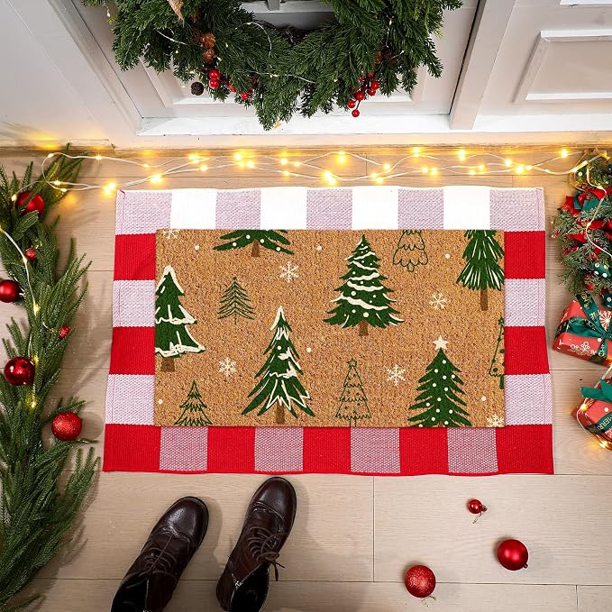 Moucuny 2 Pcs Christmas Coir Doormat Outdoor, Non Slip | Christmas Tree Welcome Coir Door Outdoor Red White Plaid Rug Front Door Porch Entryway Decor, 24'' x 35'', 16'' x 28''