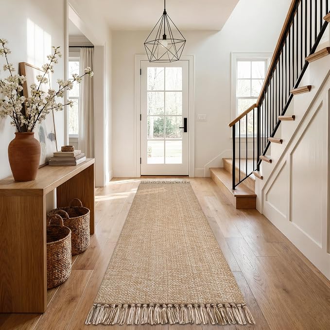 Collive Long Hallway Runner Rug 2.6' x 8', Washable Runner Indoor Entryway Rug, Tan Braided Woven Kitchen Runner Rugs Low-Profile Front Door Floor Carpet for Laundry Room Bedroom Doorway