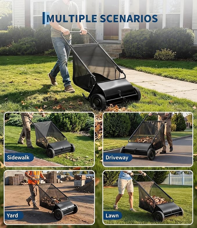 Push Lawn Sweeper, 26-Inch Width, 7 Cu. ft. Hopper Capacity, 4 Spinning Brushes