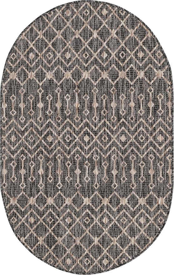 Unique Loom Outdoor Trellis Collection Area Rug - Tribal Trellis (3' 3" x 5' 3" Oval, Charcoal Gray/ Natural)
