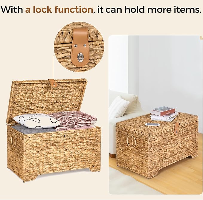 Honjourai Handwoven Storage Basket with Lid, 165L Wicker Storage Trunk | Natural Water Hyacinth Storage Chest, Leather Buckle, Metal Frame, Metal Ring Handles for Easy Transport