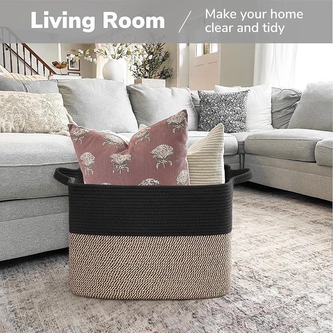 Goodpick 50L Large Wicker Blanket Basket, 18" x 14" x 12", Black Jute | Blankets, Pillows & Toys Storage, Decorative Storage Basket for Living Room & Bedroom Organization, Built-In Handles