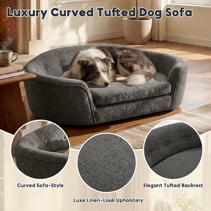 Dog Couch Bed with Oval Semi-Enclosed, Durable Linen Material Pet Sofa with Soft Foam Cushion, Dog Sofa Bed with Legs for Medium Dogs, Dark Grey