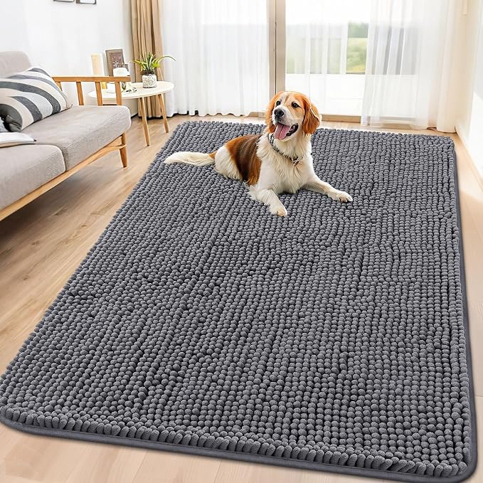 Smiry Dog Door Mat for Muddy Paws 71x46, Absorbent Dirt Trapper, Non-Slip Washable Chenille Entryway Rug for Inside Floor, Dark Grey, Classic Solid