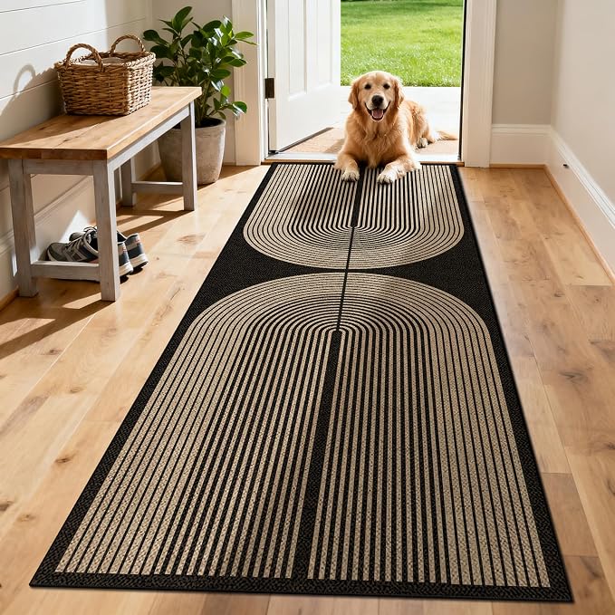 Washable Rainbow Easy Jute Runner Rug 2x6, Black Neutral Modern Boho Geometric Outdoor Indoor Patio Rug, Woven Non Slip Thin Long Runner Carpet Mat for Hallway Kitchen Entryway Porch Farmhouse