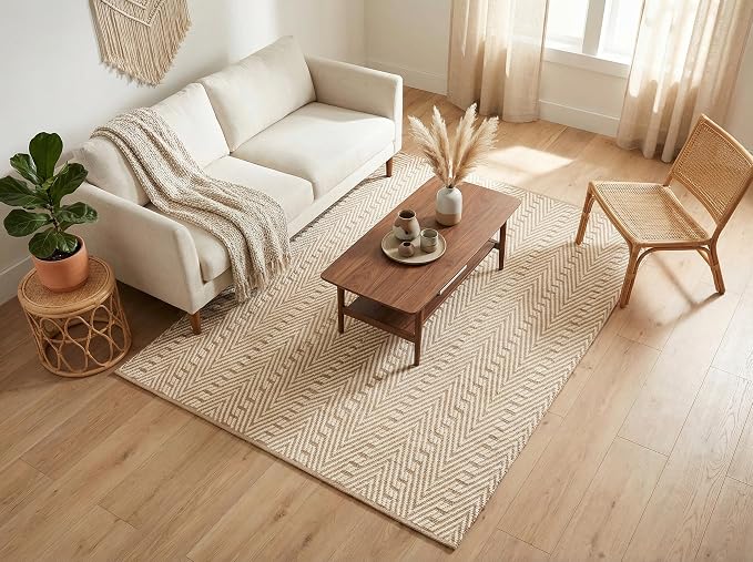 THE BEER VALLEY Jute Cotton Geometric Area Rug 5x7 Feet - Natural White | Large Boho Neutral Fiber Rugs for Living Room, Easy Care Ivory Beige Dining Décor Carpet