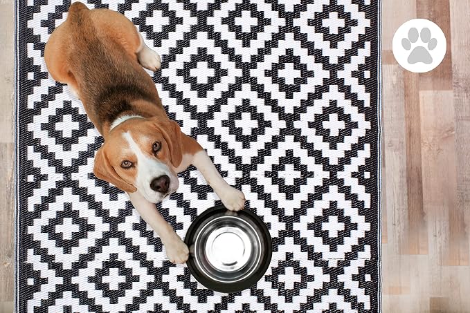 FH Home Outdoor Camping Rug - Waterproof, Fade Resistant, Reversible - Premium Recycled Plastic - Geometric - Patio, Deck, Sunroom, RV - Aztec - Black & White - 5 x 8 ft Foldable