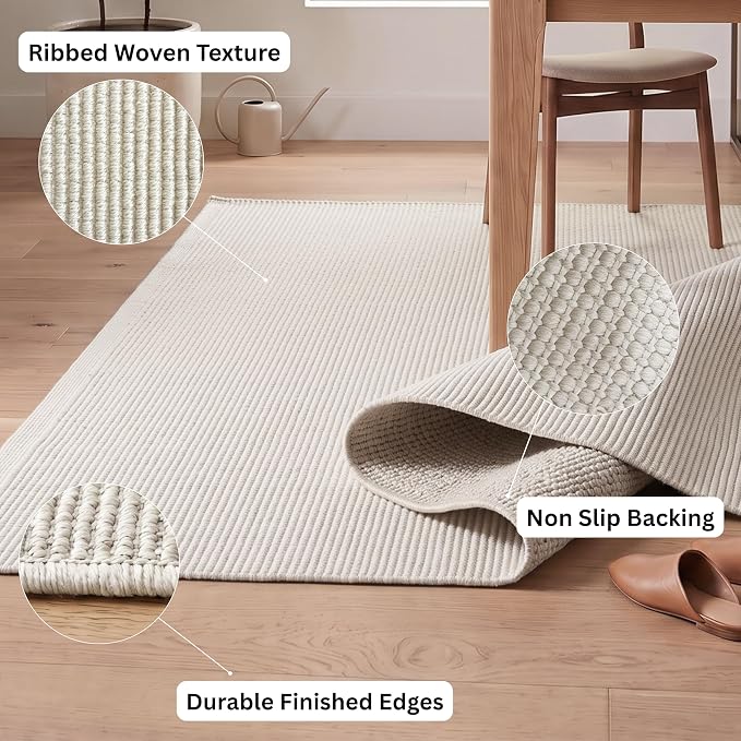 THE BEER VALLEY Hand Woven Area Rug 3x5 Feet - Ivory | Non Slip Indoor Outdoor Kitchen Large Rugs for Living Room, Washable Low Profile Patio Carpet