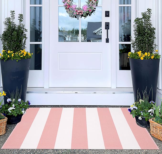 Outdoor Front Door Mat 24"x35",Cotton Woven Washable Striped Layered Doormat Pink and White Indoor Outdoor Area Rug for Entryway Porch Decor Home Entrance