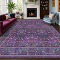 Washable Purple Floral Rug for Living Room - 9x12 Large Area Rug for Bedroom, Dining Room Under the Table, Soft Low Pile Non-Slip Stain Resistant Carpet - Vintage Plum Design